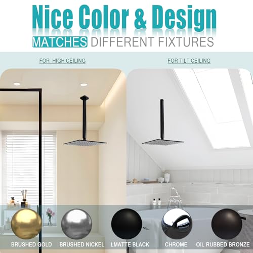 Matte Black Shower Arm with Flange and Teflon Tape for High Ceiling or Fixed Rain Showerhead, Universal Connection 16-inch Square Straight Shower Head Extender Extension Pipe, 304 Stainless Steel - color: Matte Black, style: 16inch