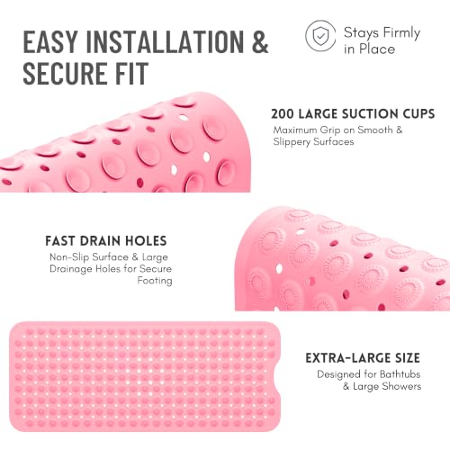 Bathtub Mat Non-Slip – 39" x 15.5" Extra Long Shower Mat with Suction Cups, BPA Free & Machine Washable, Textured Bath Mat for Tub, Ideal for Kids, Seniors & Pregnant Women, Pink - color: Pink