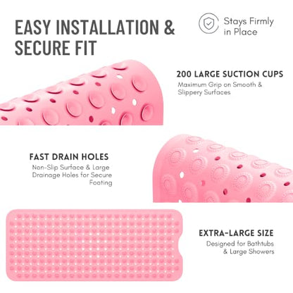 Bathtub Mat Non-Slip – 39" x 15.5" Extra Long Shower Mat with Suction Cups, BPA Free & Machine Washable, Textured Bath Mat for Tub, Ideal for Kids, Seniors & Pregnant Women, Pink - color: Pink