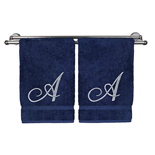 BC BARE COTTON Monogrammed Hand Towel, Navy, 16 x 30 Inches - Set of 2, 100% Turkish Cotton, Extra Absorbent, Soft Terry Finish, Personalized Gift - color: Silver on Navy, style: Initial A