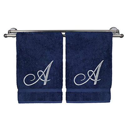 BC BARE COTTON Monogrammed Hand Towel, Navy, 16 x 30 Inches - Set of 2, 100% Turkish Cotton, Extra Absorbent, Soft Terry Finish, Personalized Gift - color: Silver on Navy, style: Initial A