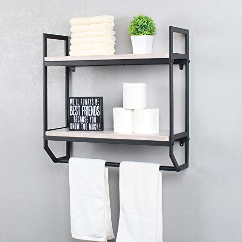 2-Tier Metal Industrial 23.6" Bathroom Shelves Wall Mounted,Rustic Wall Shelf Over Toilet,Towel Rack with Towel Bar,Utility Storage Shelf Rack, Floating Shelves Towel Holder,Retro White - color: B