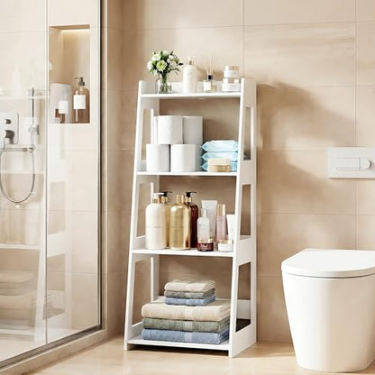 4-Tier Bathroom Ladder Shelf Freestanding, 15.7" W x 38.6" H, PVC | White Floor Shelves, Small Bookshelf, Nightstand, for Home Study, Laundry Room, Open Display Rack, 11.8" Deep - size: 11.8"D x 15.7"W x 38.6"H