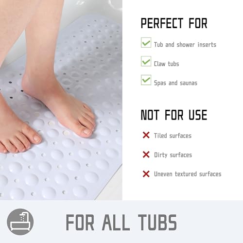 Yimobra Non Slip Bathtub Mat 40 x 16 Inch, Extra Long Shower Mat with Drain Holes, Machine Washable Baby Bath Mats, Strong Suction Cups for Bathroom Floor, Snow - color: Snow