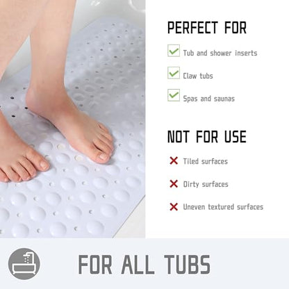 Yimobra Non Slip Bathtub Mat 40 x 16 Inch, Extra Long Shower Mat with Drain Holes, Machine Washable Baby Bath Mats, Strong Suction Cups for Bathroom Floor, Snow - color: Snow