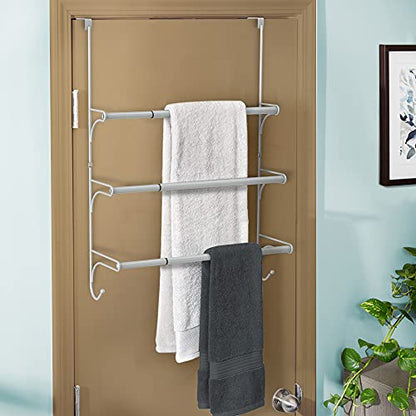Auledio Adjustable Over The Door Triple Towel Rack with Hooks,Silver - color: Silver