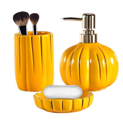 Fall Bathroom Accessories Set of 3, Thanksgiving Pumpkin Bathroom Decor, Ceramic Bathroom Sets Complete -Toothbrush Holders, Soap Dispenser, Soap Dish, Bathroom Organizer for Countertop - size: Pumpkin-Yellow