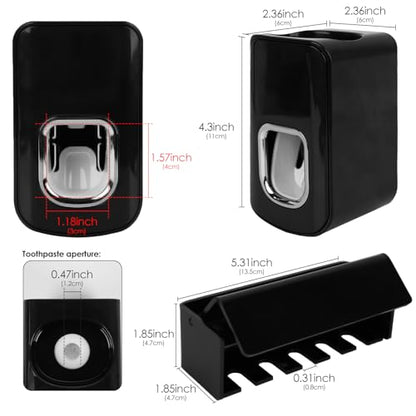 5 Slots Wall Mount Toothbrush Holder with Cover, Self Adhesive Toothbrush Storage Organizer for Shower, Toothbrush Hanger with Automatic Toothpaste Squeezer Dispenser(Black) - color: Black Combination
