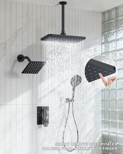 KOJOX Matte Black Dual Shower Head System – 11" Ceiling Rainfall + 6" Wall Mount Heads, 6-Mode Handheld Spray, Push-Button Diverter Faucet Set - color: Matte Black, size: 6''+11''