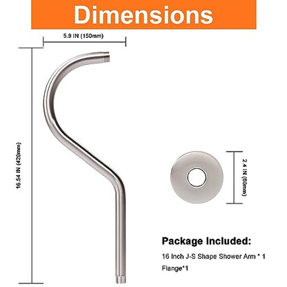 S Shaped Shower Arm, High Rise Shower Head Extension Pipe Standard 1/2" Connection with Flange, Awesome Shower Experience-Stainless Steel Bathroom Accessory(16 Inch J-S Shape, Brushed Nickel) - color: Brushed Nickel, style: 16" J Shape