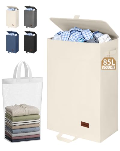 85L Laundry Hamper with Lid, Large Hamper for Clothes, Off White | Foot Loop & Removable Bag Easy to Lift and Carry, Tall & Collapsible Laundry Basket for Bathroom, Bedroom, Laundry Room, Dorm - color: Beige
