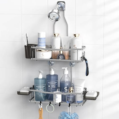 Aitatty Hanging Shower Caddy Bathroom Organizer: Rustproof Shower Shelf Racks Over Shower Head - No Drilling Inside Bath Shower Rack Shelves Over Showerhead for Shampoo with Soap Holder Silver | Includes Soap Holder and Hooks for Shampoo, Conditioner, and