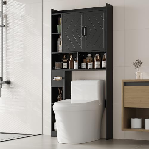 MHOM 67.8" H Over The Toilet Storage Cabinet with Adjustable Shelves & Toilet Paper Holder, Farmhouse Over Toilet Bathroom Organizer, Double Door Toilet Cabinet for Bathroom, and Laundry, Black - color: Black