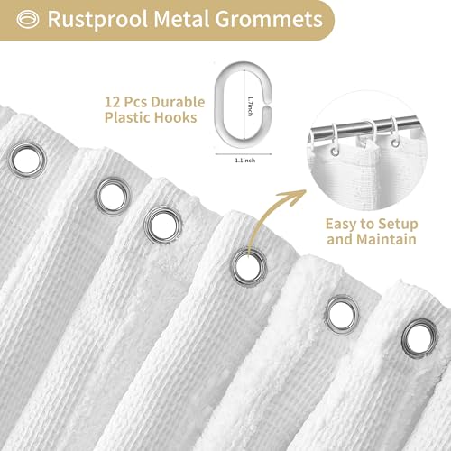 Extra Long White Shower Curtain Boho, 72 x 84 Cotton Blend Waffle Weave Stripe Textured Heavy Duty, Fabric Shower Curtain for Bathroom, Hotel, Washable - color: White, size: 72"W x 84"L (Pack of 1)
