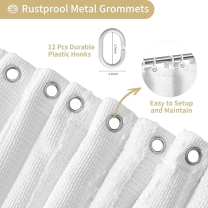 Extra Long White Shower Curtain Boho, 72 x 84 Cotton Blend Waffle Weave Stripe Textured Heavy Duty, Fabric Shower Curtain for Bathroom, Hotel, Washable - color: White, size: 72"W x 84"L (Pack of 1)