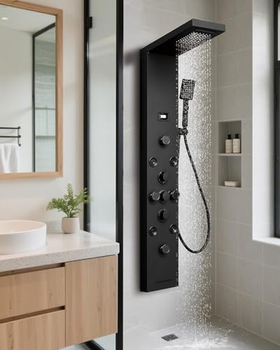 5 IN 1 Shower Panel Stainless Steel Shower Tower Panel System Matte Black | Rainfall Waterfall Shower Head with Handheld Shower Massage Body Jets with Tub Spout Shower System by Homevacious - color: Matte Black, style: 5 In 1 Shower Panel