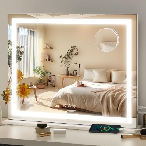 FENNIO 23" x 18" Vanity Mirror with Lights，LED Makeup Mirror，Hollywood Mirror with 3 Color Modes & Adjustable Brightness，Vanity Mirror Square White - color: White, size: 23"L x 18"W