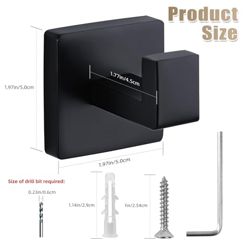 Towel Hooks for Bathrooms Robe Hook Coat Hook 4 Pack Matte Black Stainless Steel Heavy Duty 33 Lbs Wall Mounted Square Hooks for Bathroom Kitchen Bedroom - color: Matte Black