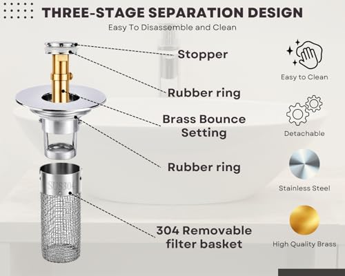 2Pcs Bathroom Sink Drain Strainer, 304 Stainless Steel Drain Filter, Pop Up Bathroom Sink Drain with Hair Catcher Fits 1 1/4" to 1 1/2" US Bathroom Sink Stopper Replacement