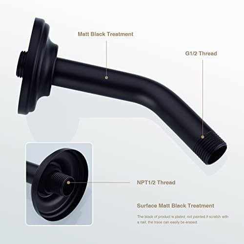 6 Inch Angled Matte Black Shower Arm and Flange Curved Head Pipe | Stainless Steel Wall Mounted, Bathroom Gooseneck Extension Shower Neck - color: Black, style: 6 inch