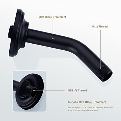6 Inch Angled Matte Black Shower Arm and Flange Curved Head Pipe | Stainless Steel Wall Mounted, Bathroom Gooseneck Extension Shower Neck - color: Black, style: 6 inch
