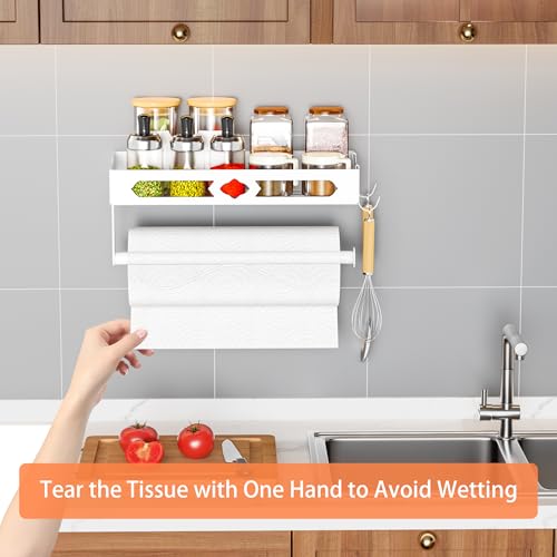 Wall Mount Paper Towel Holder with Shelf for Bathroom, Kitchen,White 2Hooks | Metal Spice Rack, Easy One-Hand Tear Design Mounted Hanging Hand Paper Towel Roll Holder for RV, Home(Self Adhesive or Drill) - color: White