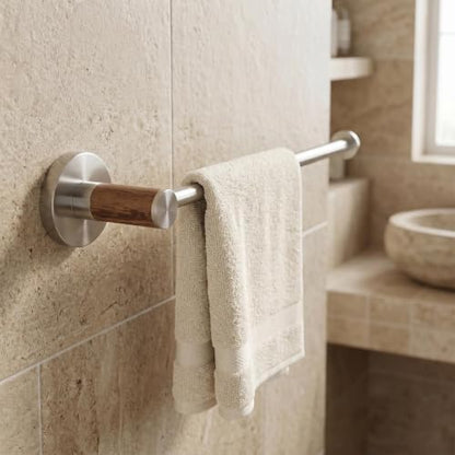 Hand Towel Holder for Bathroom, 9.4'' Wall Mounted Towel Bar, Stainless Steel Towel Rack with Wood Accent, Polish Bathroom Towel Holder for Hand Towels, Kitchen Sink Towel Bar