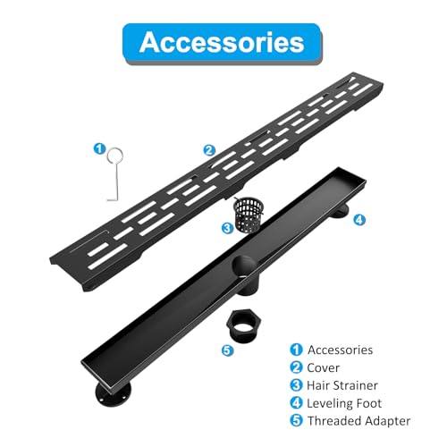 24 Inch Black Linear Shower Drain, Rectangular Shower Floor Drains with Brickwork Cover, 304 Stainless Steel Linear Drain with Leveling Feet, Hair Strainer (Matte Black)
