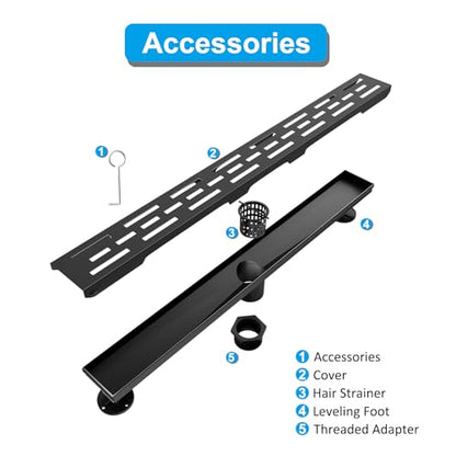 24 Inch Black Linear Shower Drain, Rectangular Shower Floor Drains with Brickwork Cover, 304 Stainless Steel Linear Drain with Leveling Feet, Hair Strainer (Matte Black)