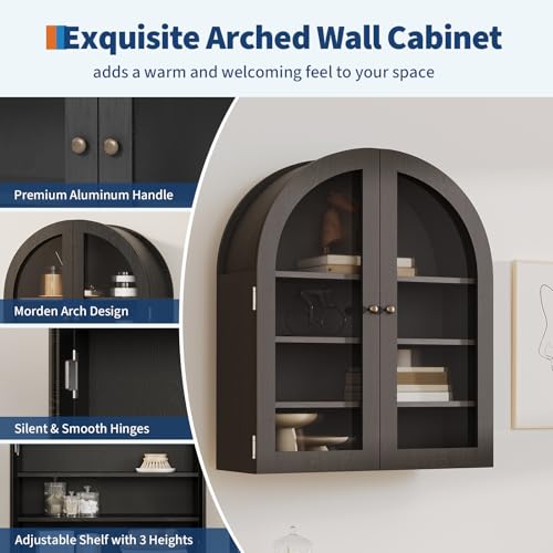 Garvee Arched Bathroom Wall Cabinet with Acrylic Double Doors, 24" Farmhouse Medicine Cabinet with Adjustable Shelf, Wall-Mounted Wood Storage Cabinet Over The Toilet for Bathroom, Kitchen, Black - color: Black