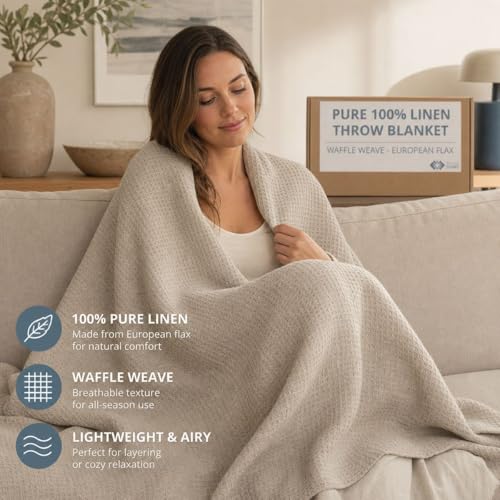 Pure 100% Flax Linen Blanket – 50x60-inch Linen Throw Blanket Waffle Weave – Breathable Cooling Blanket – Versatile Beach Blanket – Pre-Washed Lightweight European Flax - color: Natural Linen, size: Throw Blanket