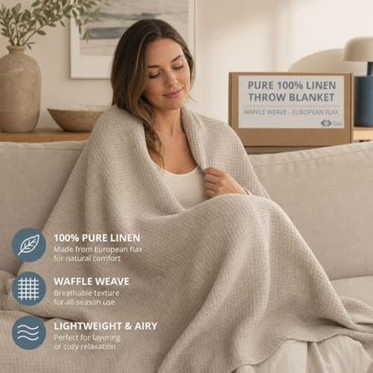 Pure 100% Flax Linen Blanket – 50x60-inch Linen Throw Blanket Waffle Weave – Breathable Cooling Blanket – Versatile Beach Blanket – Pre-Washed Lightweight European Flax - color: Natural Linen, size: Throw Blanket
