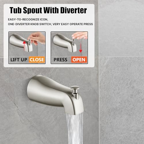 Heyalan 8-Inch Shower Faucet Set with Tub Spout and Valve,Brushed Nickel | 8-inch square rainfall head, tub spout with diverter, male-thread rough-in valve, single-handle control and wall-mount design - color: Brushed Nickel, size: 8 Inch Square Shower He