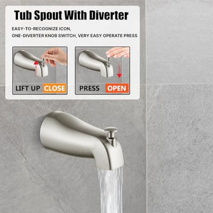 Heyalan 8-Inch Shower Faucet Set with Tub Spout and Valve,Brushed Nickel | 8-inch square rainfall head, tub spout with diverter, male-thread rough-in valve, single-handle control and wall-mount design - color: Brushed Nickel, size: 8 Inch Square Shower He