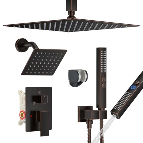 Rain Shower System 12" & 6" Dual Shower Heads Ceiling Shower Faucet Set | Ideal for bathroom remodels and upgrades with 12" rain shower, 6" angled shower, handheld spray and complete valve kit. - color: Oil Rubbed Bronze, size: Ceiling Mounted - 12"+6" Sh