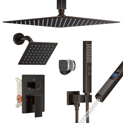 Rain Shower System 12" & 6" Dual Shower Heads Ceiling Shower Faucet Set | Ideal for bathroom remodels and upgrades with 12" rain shower, 6" angled shower, handheld spray and complete valve kit. - color: Oil Rubbed Bronze, size: Ceiling Mounted - 12"+6" Sh