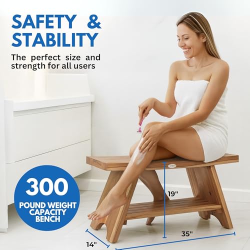 EcoDecors Serenity 35-Inch Teak Shower Bench with Shelf, 300 lb | Easy assembly and elegant teak design create a functional shower bench for inside shower use with spa-inspired style - size: 35" shelf