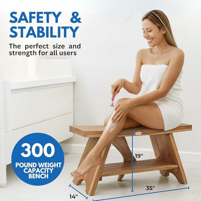 EcoDecors Serenity 35-Inch Teak Shower Bench with Shelf, 300 lb | Easy assembly and elegant teak design create a functional shower bench for inside shower use with spa-inspired style - size: 35" shelf