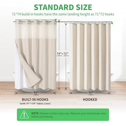 Eachope No Hooks Polyester Textured Shower Curtain with Snap-in Fabric Liner Set, Hotel Luxury Decor Shower Curtains for Bathroom with See Through Top Window, Waterproof & Washable, 71Wx74H, Cream | 230GSM Thick Fabric,Hotel Luxury Decor,Mesh Top Window,M