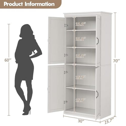 IDEALHOUSE Pantry Cabinet, White 4-Door with Adjustable Shelves, 70" H | Freestanding Cupboard with 5 Interior Compartments, Dining Room, Kitchen, Bathroom, Living Room
