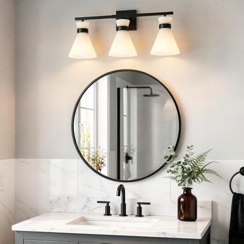 Matte Black Bathroom Vanity Lights, 3-Light Bathroom Light fixtures Over Mirror, Modern Vanity Lighting Fixtures with Frosted Glass Shades E26 Base,Wall Mount Scones for Mirror (Bulbs Not Included) - color: Black