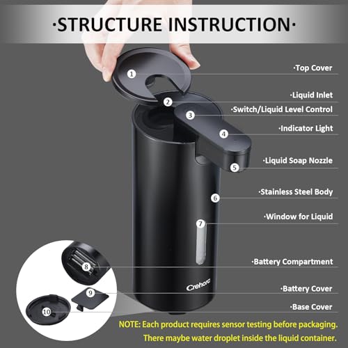 Automatic Soap Dispenser, Automatic Liquid Soap Dispenser Touchless, 12oz/340ml, 3-Level Adjustable, Battery Operated, Water-Resistant for Bathroom, Kitchen, and School, Clog-Free, Black - color: Black