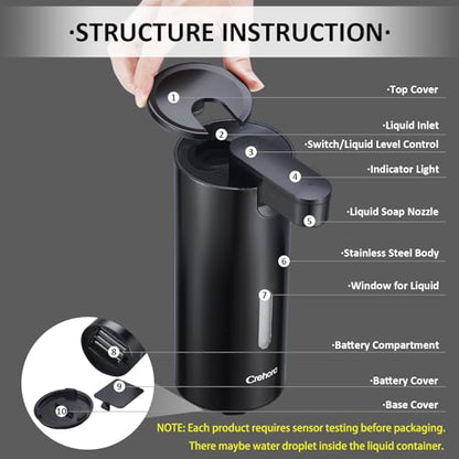 Automatic Soap Dispenser, Automatic Liquid Soap Dispenser Touchless, 12oz/340ml, 3-Level Adjustable, Battery Operated, Water-Resistant for Bathroom, Kitchen, and School, Clog-Free, Black - color: Black