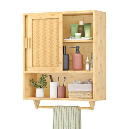 HOOBRO Bathroom Cabinet Wall Mounted, Bamboo Over Toilet Cabinet, Medicine Cabinet with Towels Bar & Adjustable Shelves, 23.6 x 7.9 x 28.5 Inches, for Bathroom, Laundry, Kitchen, Natural YL63CW01