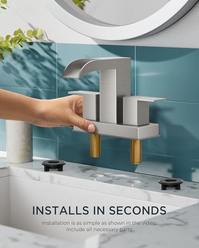 FORIOUS Waterfall Bathroom Faucet 2 Hole 4 Inch Centerset Brushed Nickel | Square Bathroom Sink Faucet 4 Inch Two Handles with Pop-up Drain and Supply Lines, for Vanity RV Farmhouse Laundry Room Basin - color: Stainless Steel