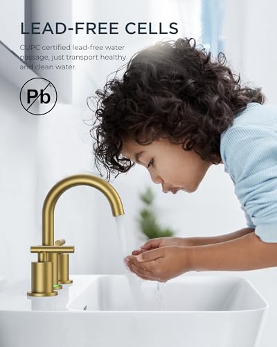 FORIOUS 8" LED Bathroom Faucet Gold, Vanity 3 Hole Bathroom Faucet Lights | 3 Hole Brushed Gold Bathroom Faucet Widespread with 3 Color Changing LED Light, Pop Up Drain, CUPC Supply lines, Light Faucet - color: Brushed Gold, style: Contemporary
