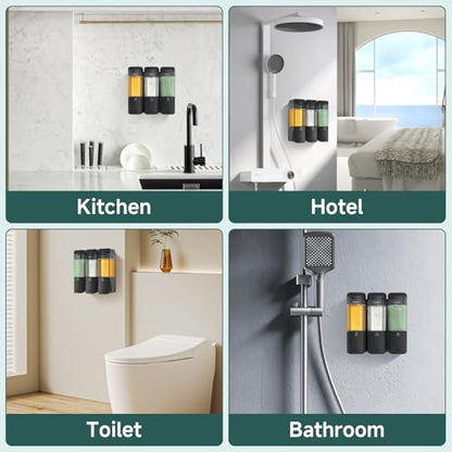 Shampoo and Conditioner Dispenser 3 Chamber 17oz No Drill Shower Soap Dispenser Wall Mounted Shampoo Conditioner Body Wash Refillable Bathroom Shower Dispenser (Black+Smoke Gray 3 Chamber) - color: Black-smoke Gray-3