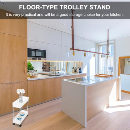 Slim Rolling Storage Cart, 2-Tier Mobile Shelving Unit, White Plastic and Iron Trolley Rack for Kitchen, Bathroom, Office, Laundry Room, 15.74 X 15.74 X 5.11 Inches