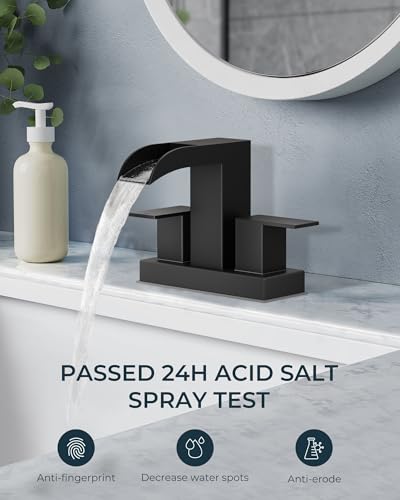 FORIOUS Waterfall Bathroom Sink Faucet 4 Inch Centerset 2 Pack Matte Black | Bathroom Faucets 2 or 3 Hole 4 Inch Two Handles with Pop-up Drain and 24" Supply Lines, for Vanity RV Farmhouse Laundry Room - color: Matte Black x 2