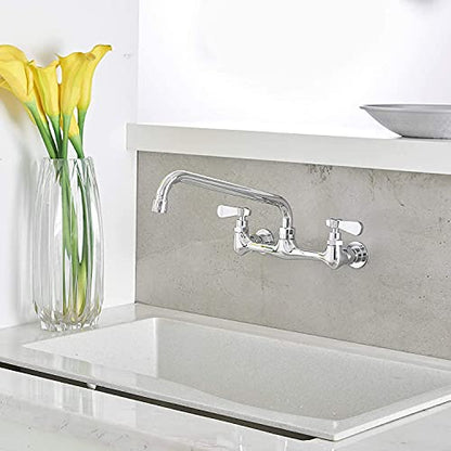 Wall Mount Kitchen Faucet with 12 Inch Swivel Spout, Chrome | Lead-Free Brass,Dual Handle Hot/Cold,8" Center,3 Compartment Commercial Faucet for Kitchen Laundry Room Restaurant - size: 12 Inch